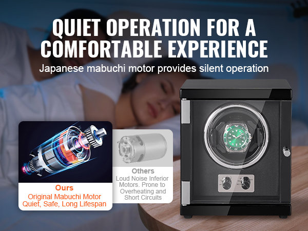 VEVOR watch winder with quiet operation and long-lasting original mabuchi motor for a comfortable experience.