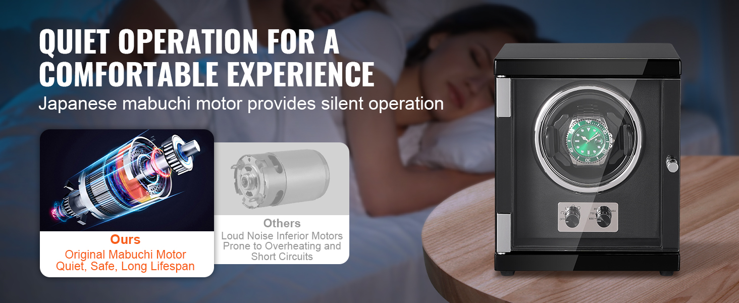 VEVOR watch winder with quiet operation and long-lasting original mabuchi motor for a comfortable experience.