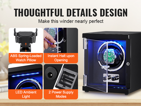 VEVOR watch winder with led ambient light, abs spring-loaded watch pillow, and dual power supply modes.