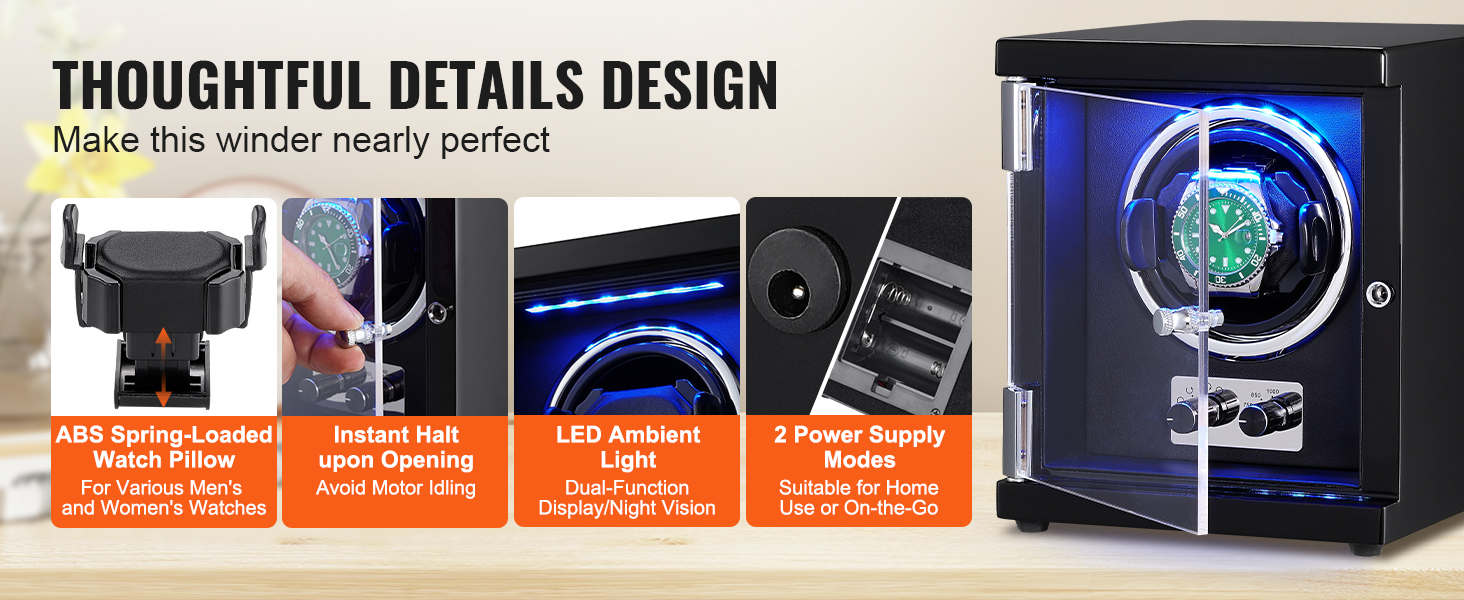 VEVOR watch winder with led ambient light, abs spring-loaded watch pillow, and dual power supply modes.