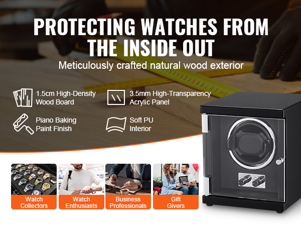 VEVOR watch winder with natural wood exterior, high-density wood board, acrylic panel, and soft pu interior.