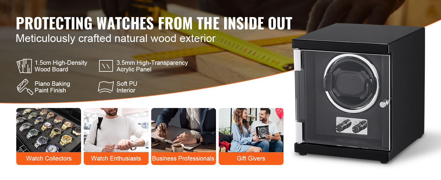 VEVOR watch winder with natural wood exterior, high-density wood board, acrylic panel, and soft pu interior.