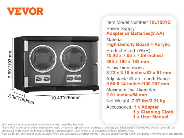 VEVOR watch winder with dual slots, 10.43x7.08x7.59 in, high-density board plus acrylic, 2 aa batteries.