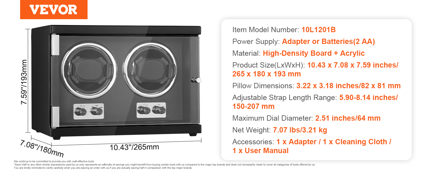VEVOR watch winder with dual slots, 10.43x7.08x7.59 in, high-density board plus acrylic, 2 aa batteries.