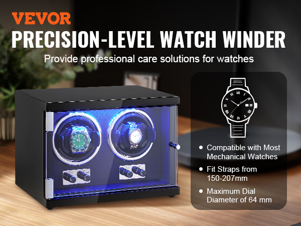 VEVOR watch winder with dual rotating slots, led lighting, and adjustable settings for mechanical watches.