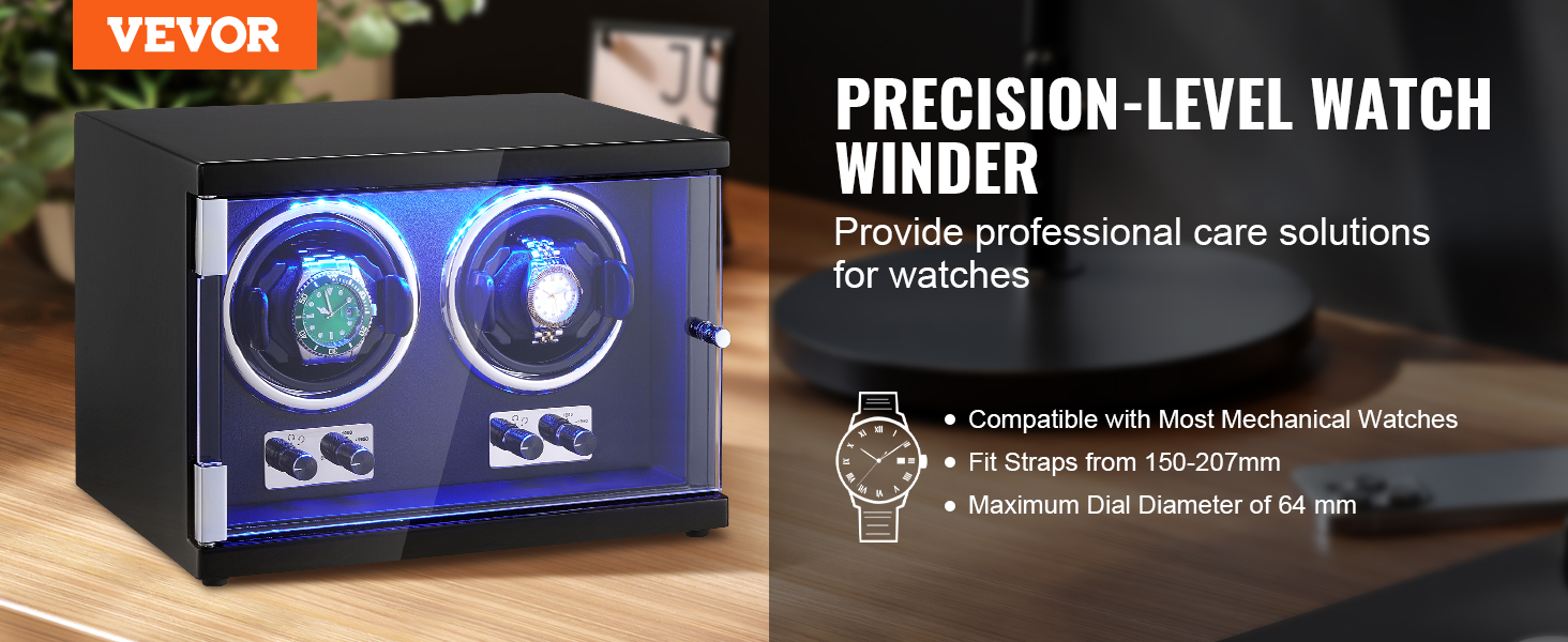 VEVOR watch winder with dual rotating slots, led lighting, and adjustable settings for mechanical watches.