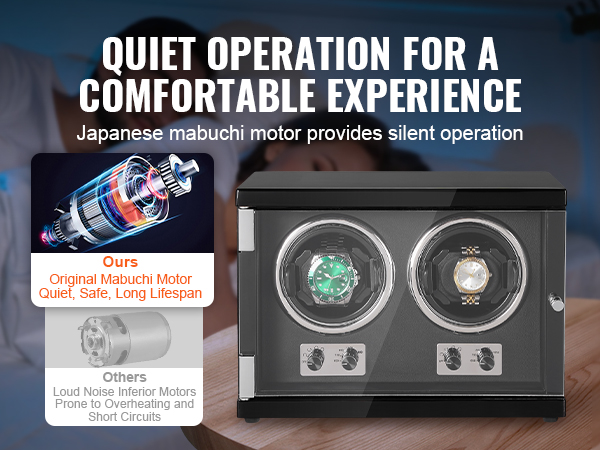 VEVOR watch winder with quiet japanese mabuchi motor, showcasing two luxury watches inside.