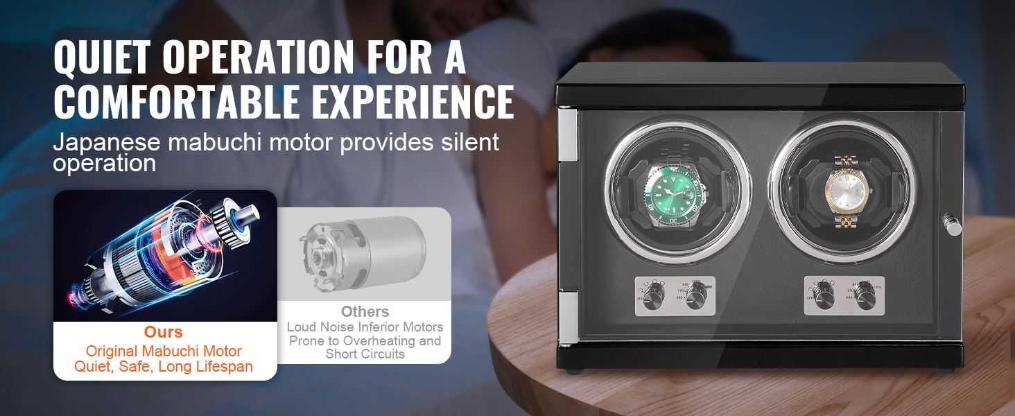 VEVOR watch winder with quiet japanese mabuchi motor, showcasing two luxury watches inside.