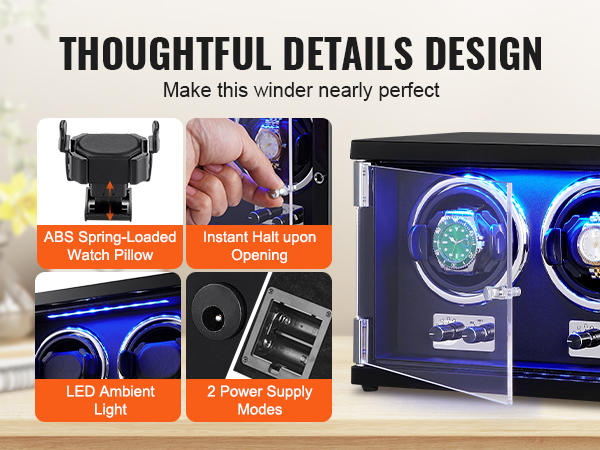 VEVOR watch winder with led light, abs watch pillow, instant halt, dual power modes, and thoughtful design.