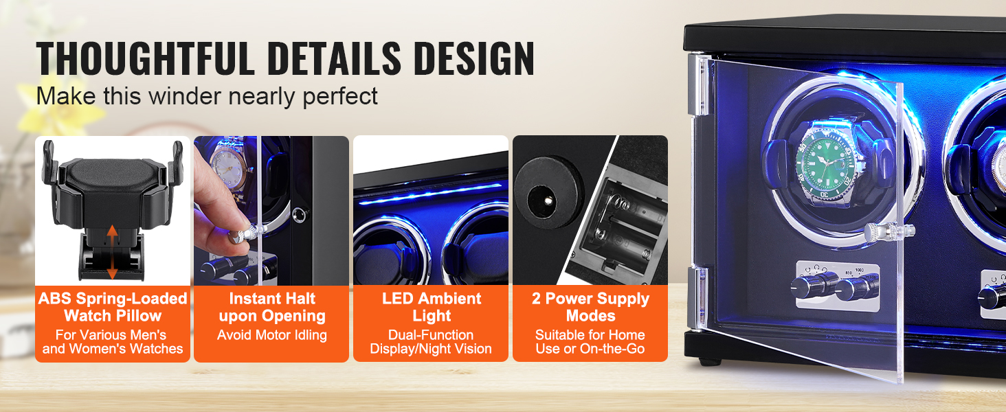 VEVOR watch winder with led light, abs watch pillow, instant halt, dual power modes, and thoughtful design.