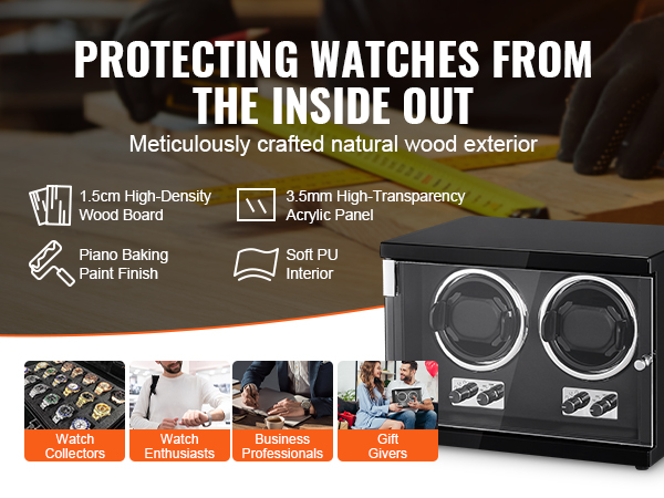 VEVOR watch winder with high-density wood, high-transparency acrylic, piano baking finish, and soft pu interior.
