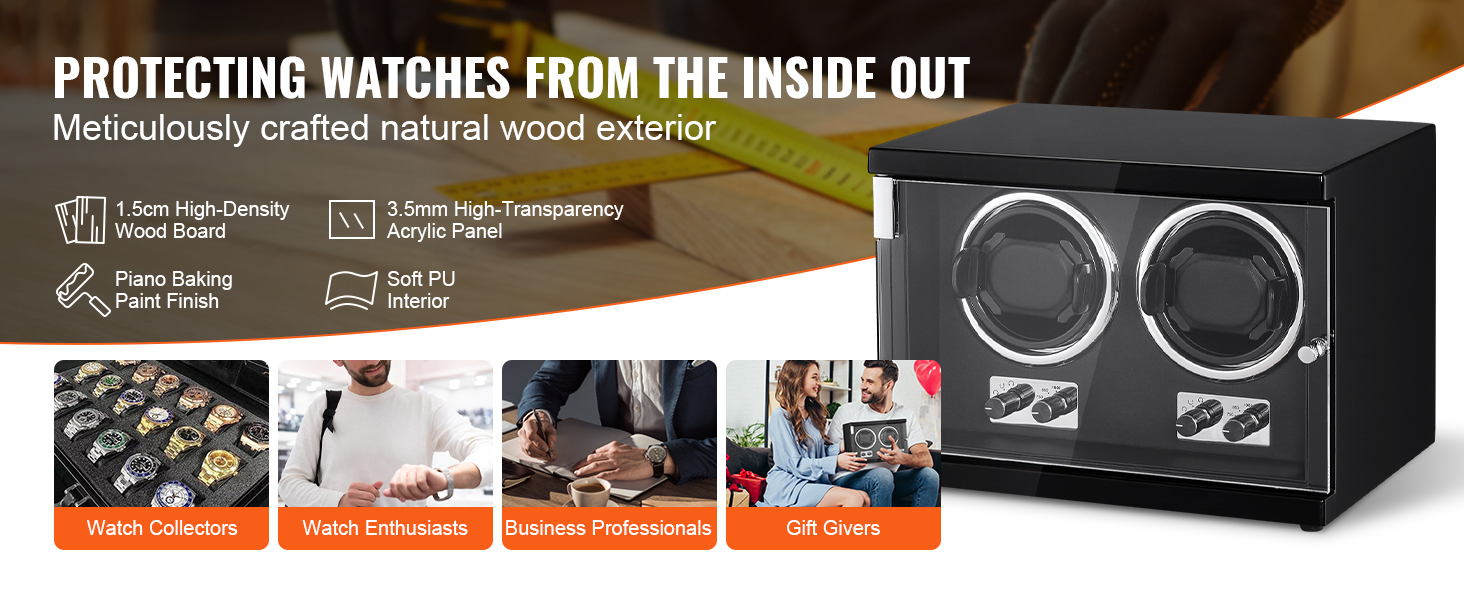 VEVOR watch winder with high-density wood, high-transparency acrylic, piano baking finish, and soft pu interior.