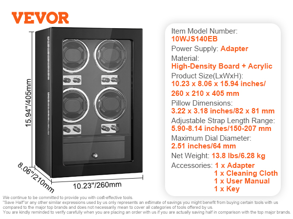 VEVOR watch winder with acrylic, adapter, and cleaning cloth; 4.05 x 8.06 x 15.94 inches.