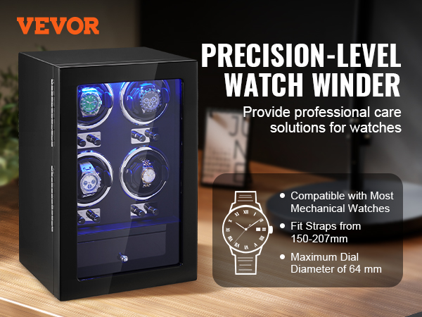VEVOR watch winder on wooden desk with watches, text highlighting precision and compatibility features.