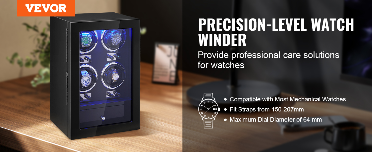 VEVOR watch winder on wooden desk with watches, text highlighting precision and compatibility features.