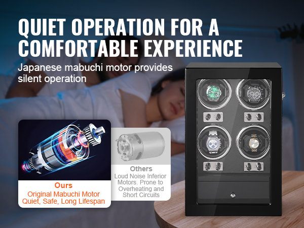 quiet operation and comfortable experience with VEVOR watch winder featuring a japanese mabuchi motor.