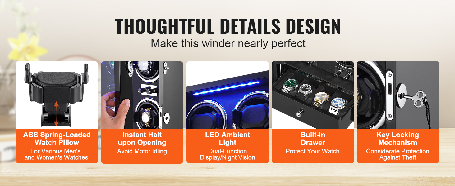abs spring-loaded watch pillow, instant halt upon opening, led ambient light, built-in drawer, key locking mechanism.