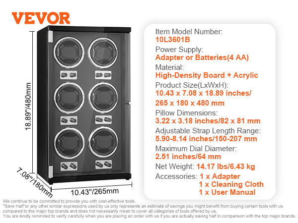 VEVOR watch winder 10l3601b with 6 slots, high-density board, and adjustable strap length.