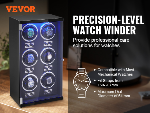 VEVOR watch winder with eight slots on a wooden table, providing professional care solutions.