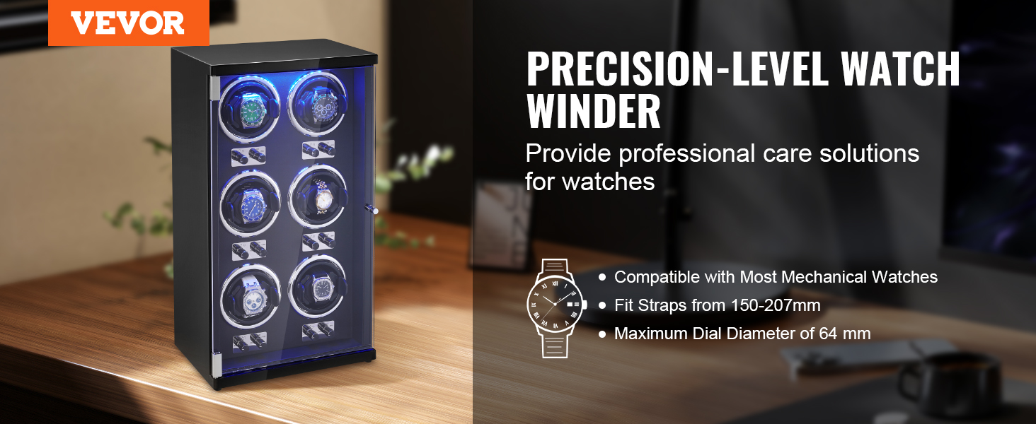 VEVOR watch winder with eight slots on a wooden table, providing professional care solutions.
