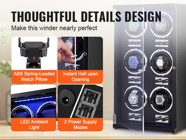 VEVOR watch winder with led light, dual-function display, abs watch pillow, and two power supply modes