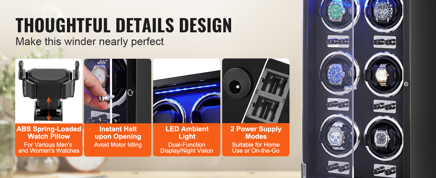 VEVOR watch winder with led light, dual-function display, abs watch pillow, and two power supply modes
