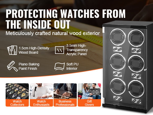 VEVOR watch winder with natural wood exterior, high-density wood, acrylic panel, and soft pu interior.