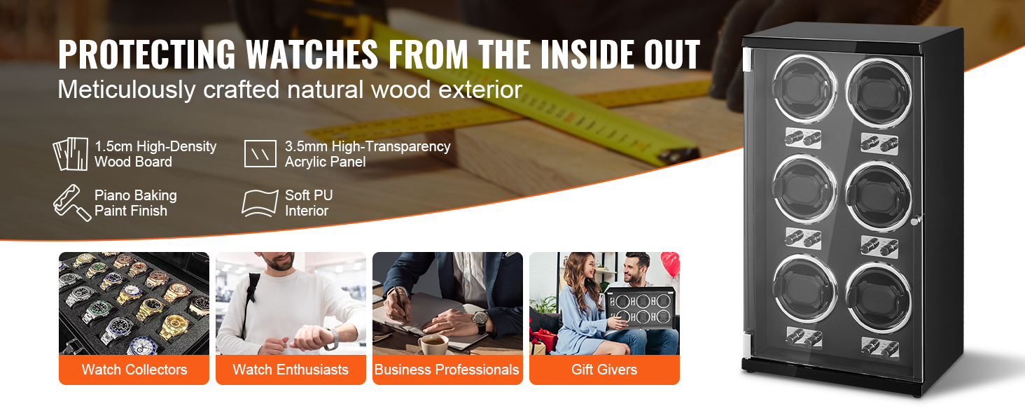 VEVOR watch winder with natural wood exterior, high-density wood, acrylic panel, and soft pu interior.