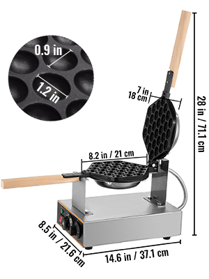 VEVOR bubble waffle maker with dimensions and wooden handles, close-up of waffle molds.
