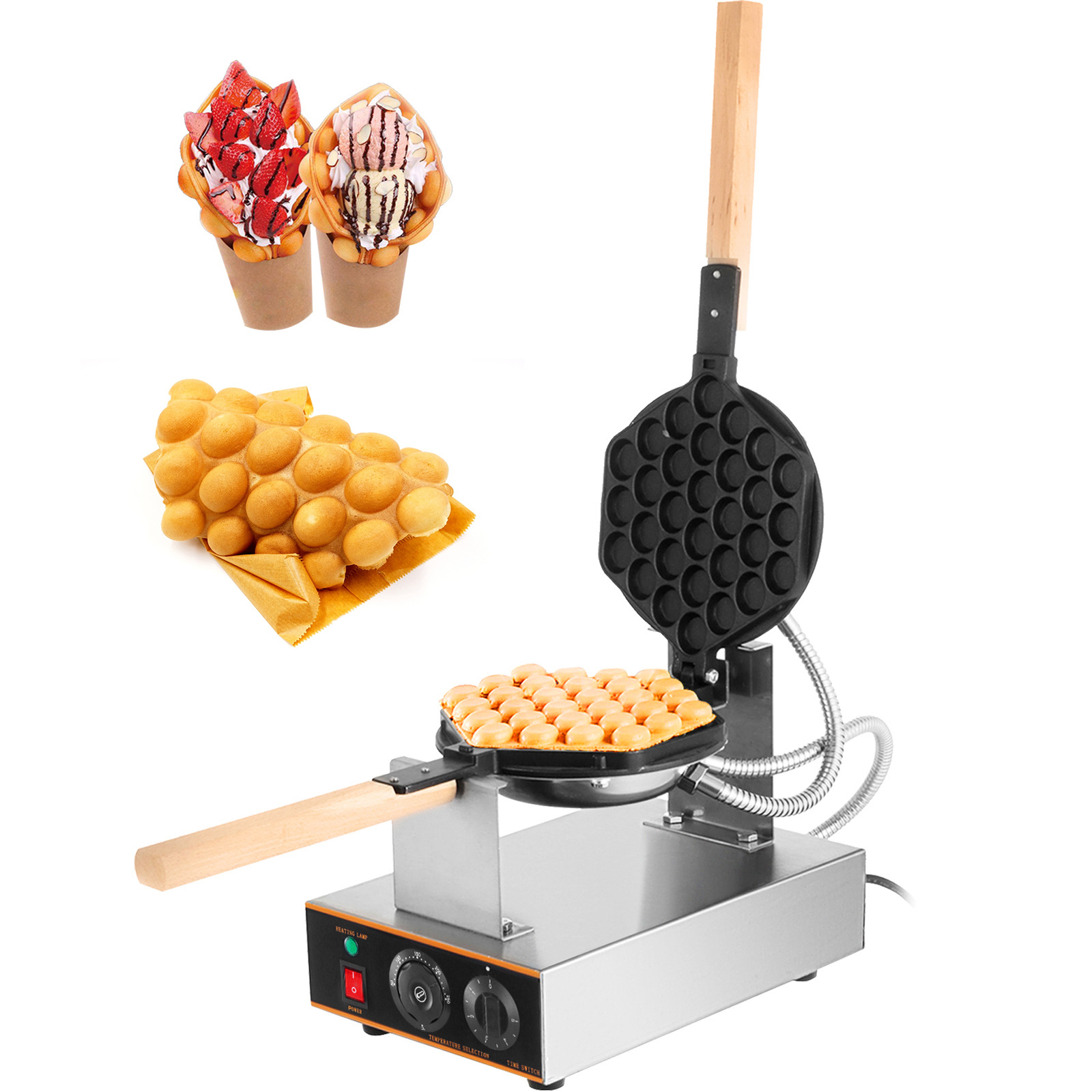 VEVOR bubble waffle maker with freshly made waffles and dessert examples.