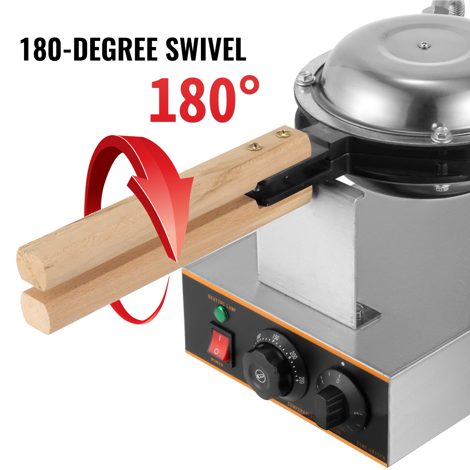 VEVOR bubble waffle maker with 180-degree swivel mechanism and temperature controls.