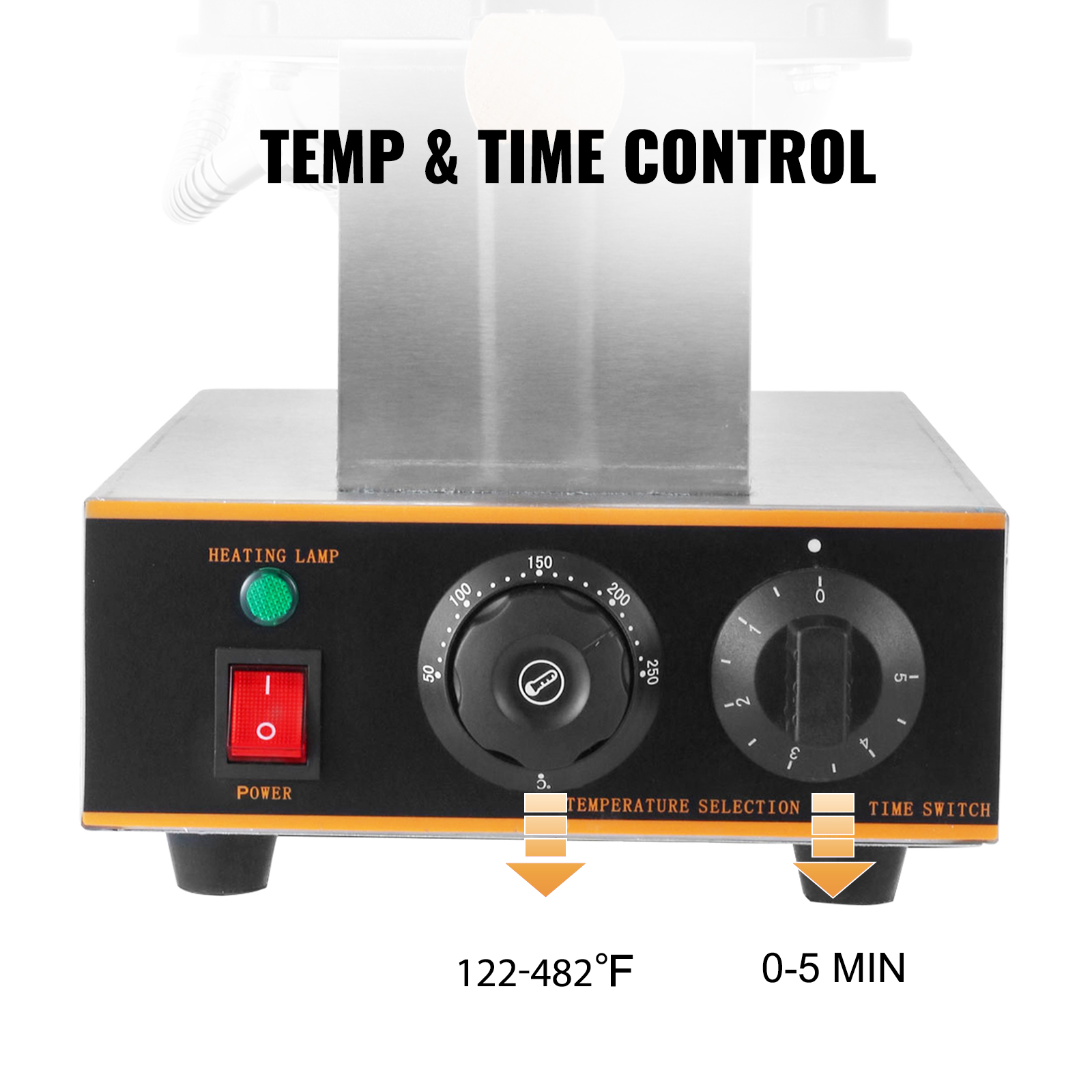 VEVOR bubble waffle maker temp and time control, 122-482°f, 0-5 min timer.