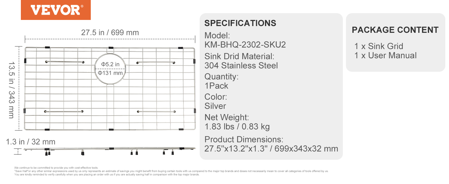 VEVOR sink protector grid in silver 304 stainless steel with dimensions 27.5"x13.2"x1.3".