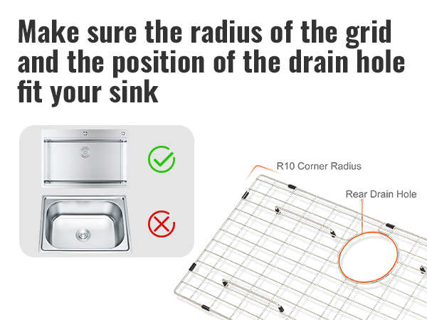 VEVOR sink protector grid with rear drain hole and r10 corner radius for accurate sink fit.