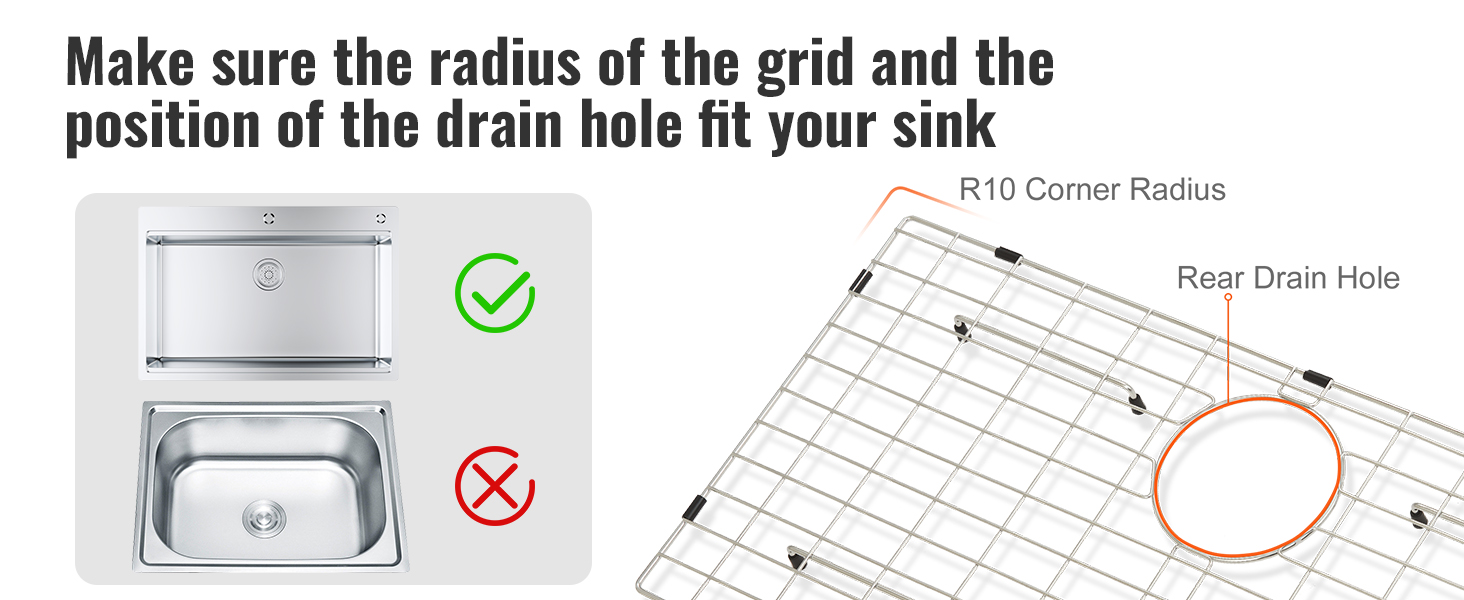 VEVOR sink protector grid with rear drain hole and r10 corner radius for accurate sink fit.