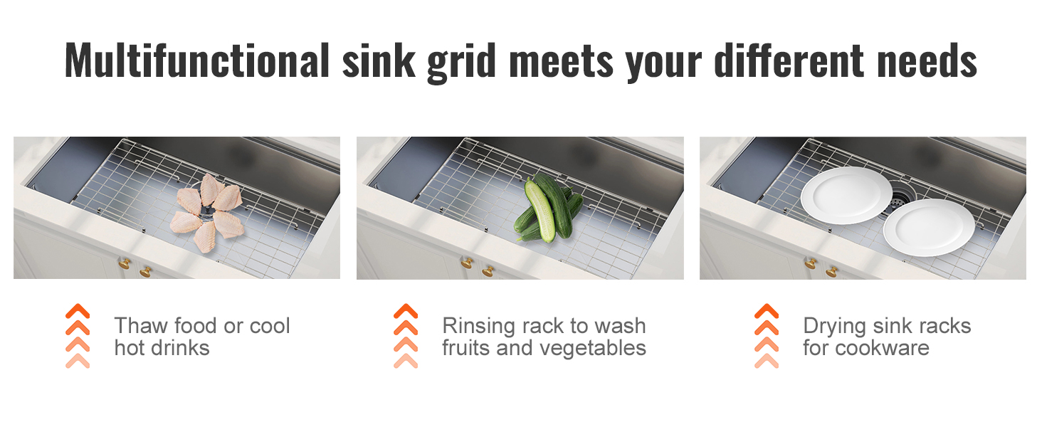 multifunctional VEVOR sink protector grid for thawing, rinsing, and drying in stainless steel sink.
