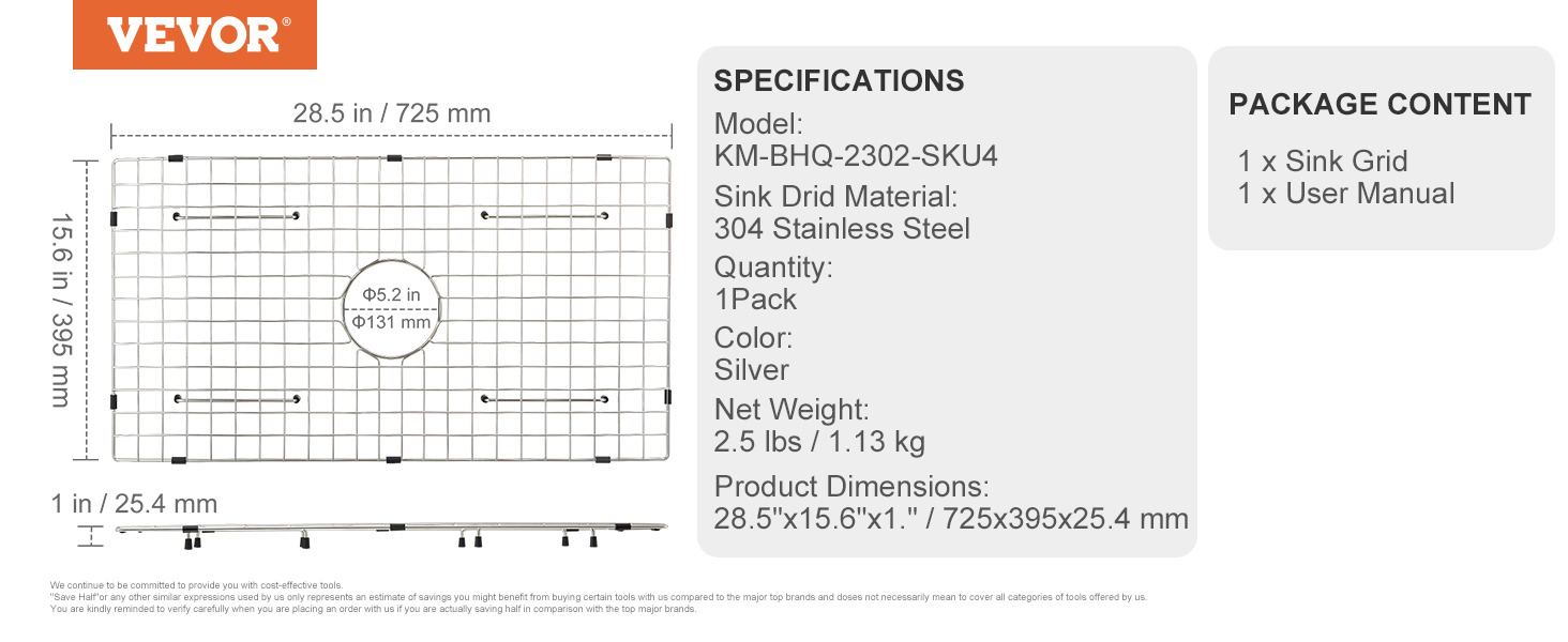 VEVOR sink protector grid, 304 stainless steel, 28.5"x15.6"x1," includes 1 pack and user manual.