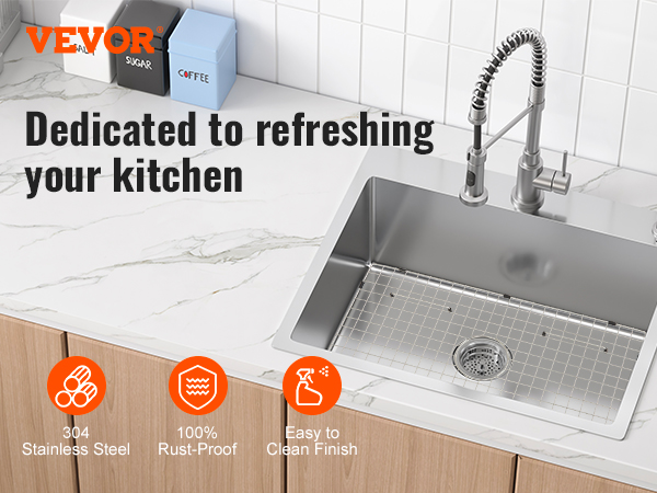 VEVOR sink protector grid in a modern kitchen with 304 stainless steel and rust-proof finish, easy to clean.