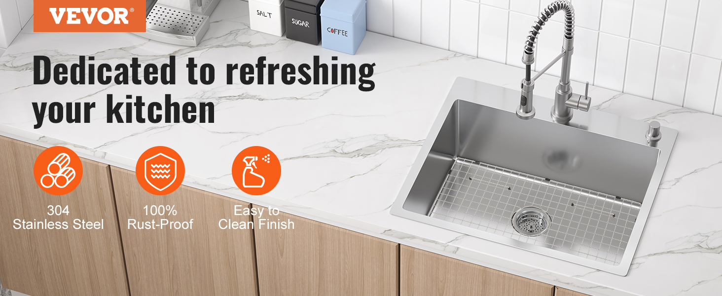 VEVOR sink protector grid in a modern kitchen with 304 stainless steel and rust-proof finish, easy to clean.