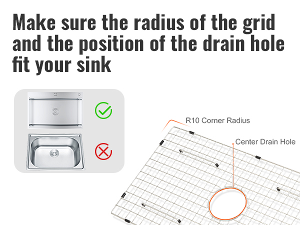 check sink compatibility with VEVOR sink protector grid, ensuring correct radius and drain hole position.