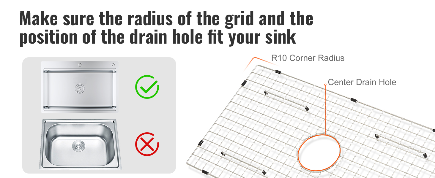 check sink compatibility with VEVOR sink protector grid, ensuring correct radius and drain hole position.