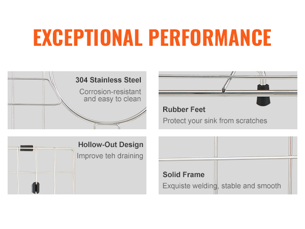 VEVOR sink protector grid with 304 stainless steel, rubber feet, hollow-out design, and solid frame.