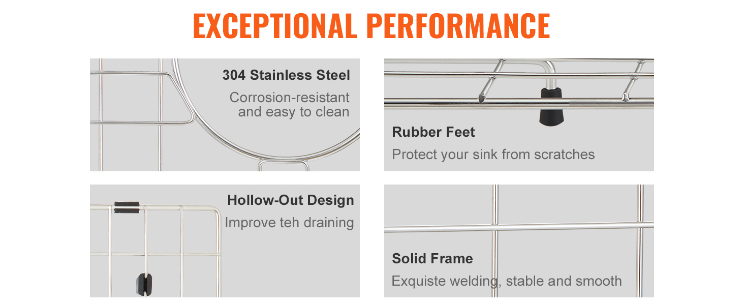 VEVOR sink protector grid with 304 stainless steel, rubber feet, hollow-out design, and solid frame.