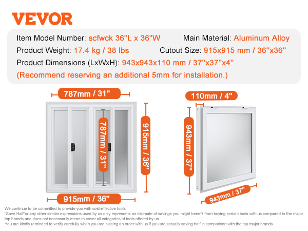 VEVOR concession window details with highlighted dimensions, aluminum alloy material, and product weight.
