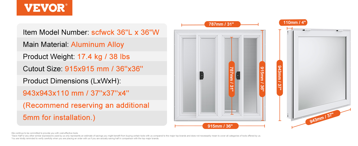 VEVOR concession window details with highlighted dimensions, aluminum alloy material, and product weight.