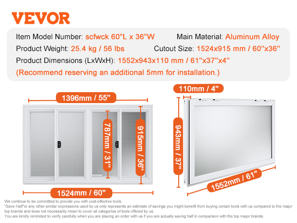 VEVOR concession window, aluminum alloy, model scfwck, cutout size 60"x36", weight 25.4 kg/56 lbs.