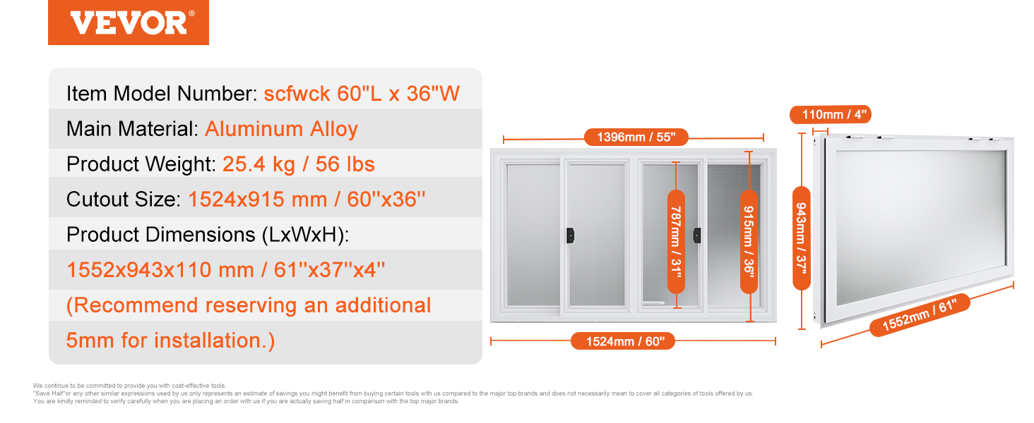 VEVOR concession window, aluminum alloy, model scfwck, cutout size 60"x36", weight 25.4 kg/56 lbs.