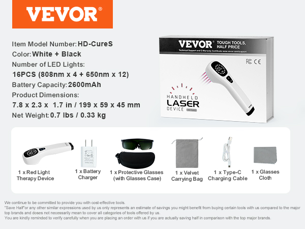 VEVOR red light therapy device, white and black with charger, protective glasses, bag, and cable.