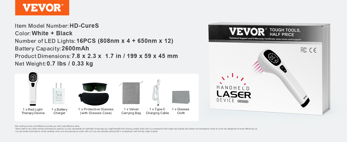 VEVOR red light therapy device, white and black with charger, protective glasses, bag, and cable.