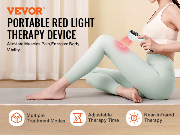 VEVOR red light therapy device in use on leg pain relief, with multiple modes and adjustable therapy time.
